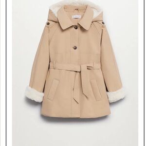 Mango Tan Puffer Coat with Fur Trim and Belt